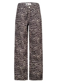 High-waisted wide-leg jeans with black and beige leopard print pattern and five-pocket design.