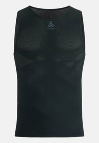 Schwarzes ärmelloses Sport-Tanktop mit netzartigem Material, runder Ausschnitt und einem Logo auf der oberen Mitte. Leichtes Design.