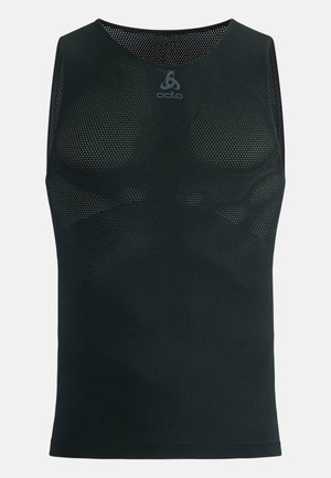 Débardeur de sport noir sans manches avec une texture semblable à un maillage, arborant un col rond et un logo au centre en haut. Design léger.