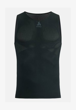 Débardeur de sport noir sans manches avec une texture semblable à un maillage, arborant un col rond et un logo au centre en haut. Design léger.