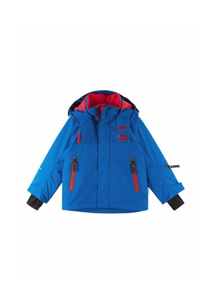 Giacca invernale blu con fodera interna rossa, multiple tasche con zip e polsini regolabili. Dotata di cappuccio e design elegante e moderno.