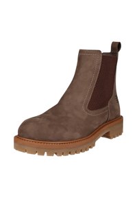 Braune Leder-Ankle-Boots mit einem strukturierten elastischen Einsatz, runder Zehenform und einer robusten Gummisohle mit minimalem Absatz.
