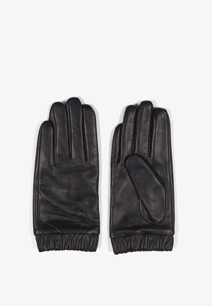 Sorte læderhandsker med tre særskilt fingersektioner og én tommelfingersektion, med elastiske manchetter for en tæt pasform. Glat tekstur.