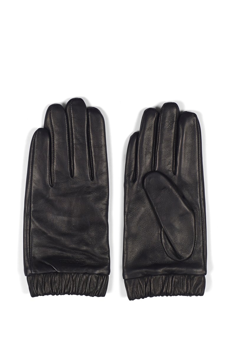 Guanti in pelle nera con tre sezioni distinte per le dita e una sezione per il pollice, dotati di polsini elasticizzati per una vestibilità aderente. Texture liscia.