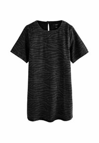 T-shirt noir avec un motif de rayures de tigre, manches courtes, encolure ronde et ouverture au dos. Fabriqué en denim, texture douce.
