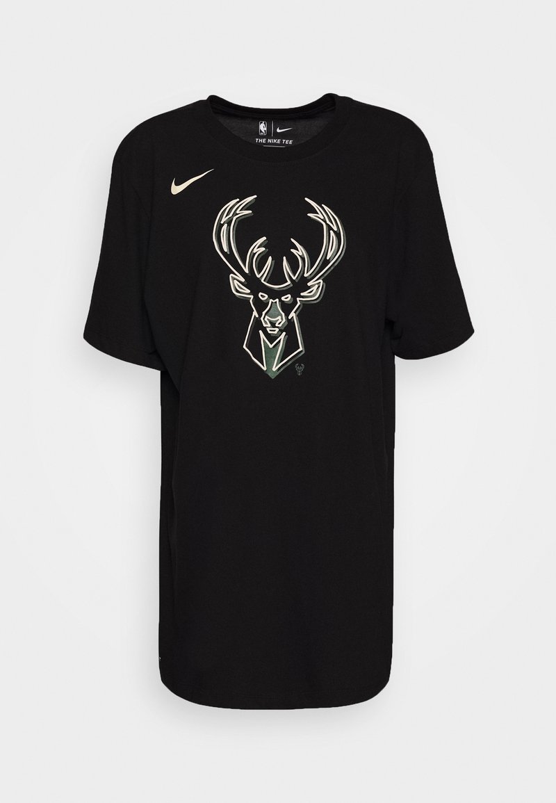 Czarna bawełniana koszulka z krótkim rękawem i okrągłym dekoltem, z białym i zielonym logo Milwaukee Bucks z motywem poroża.