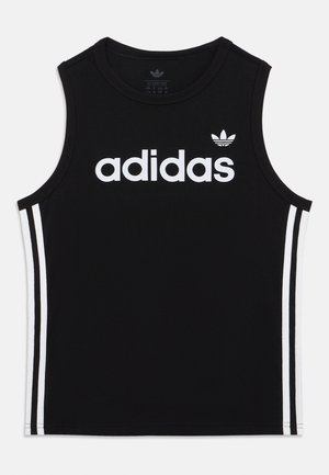 Canotta atletica nera in cotone con un grande logo "adidas" bianco e tre strisce bianche sui lati.