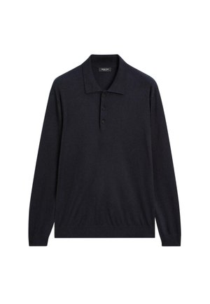 Polo a maniche lunghe di un blu navy scuro con tre bottoni neri e colletto a punta, esposto su uno sfondo bianco.