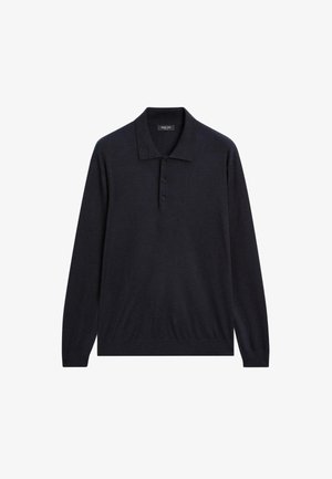 Dark navy long-sleeve polo shirt with three black buttons and a pointed collar, displayed against a white background.