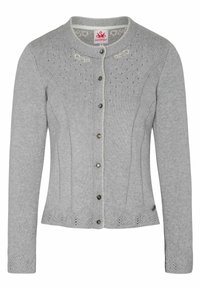 Cardigan gris en tricot avec un col rond, fermeture à boutons et un motif de dentelle délicat au niveau de l'ourlet et des épaules. Des boutons en argent mettent en valeur le design.