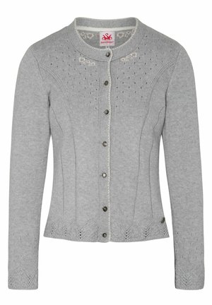 Gray knitted cardigan with a round neck, button front, and delicate lace pattern at the hem and shoulders. Silver buttons accent the design.
