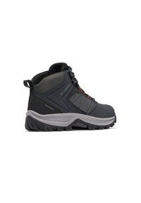 Schwarze Wanderschuhe mit grauen Akzenten, wasserdichtem Material, strukturierten Einsätzen, Metallösen und robustem Profil für optimale Traktion.