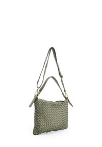 Woven green leather handbag with adjustable straps, a zip closure, and gold-tone hardware accents. Compact, rectangular shape.