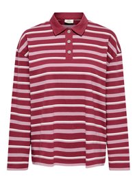 Polo à manches longues rayé bordeaux et rose avec col et patte de boutonnage à trois boutons ornés de boutons décoratifs au niveau du col.