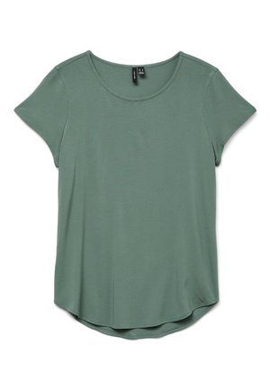 Kurzärmeliges T-Shirt in Salbeigrün mit Rundhalsausschnitt und leicht geschwungenem Saum, flach auf weißem Hintergrund präsentiert.