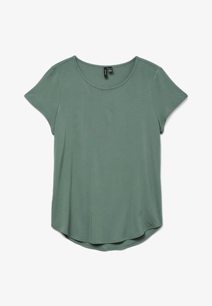 Kurzärmeliges T-Shirt in Salbeigrün mit Rundhalsausschnitt und leicht geschwungenem Saum, flach auf weißem Hintergrund präsentiert.