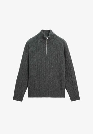 Mörkgrå kabelstickad tröja med hög ribbade krage, med en halv längd dragkedja och mönster i strukturerad stickning. Tillverkad av ett mjukt material.