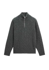 Maglione grigio scuro a coste con colletto alto, con una zip a metà lunghezza e un motivo di maglia testurizzato. Realizzato in un materiale morbido.
