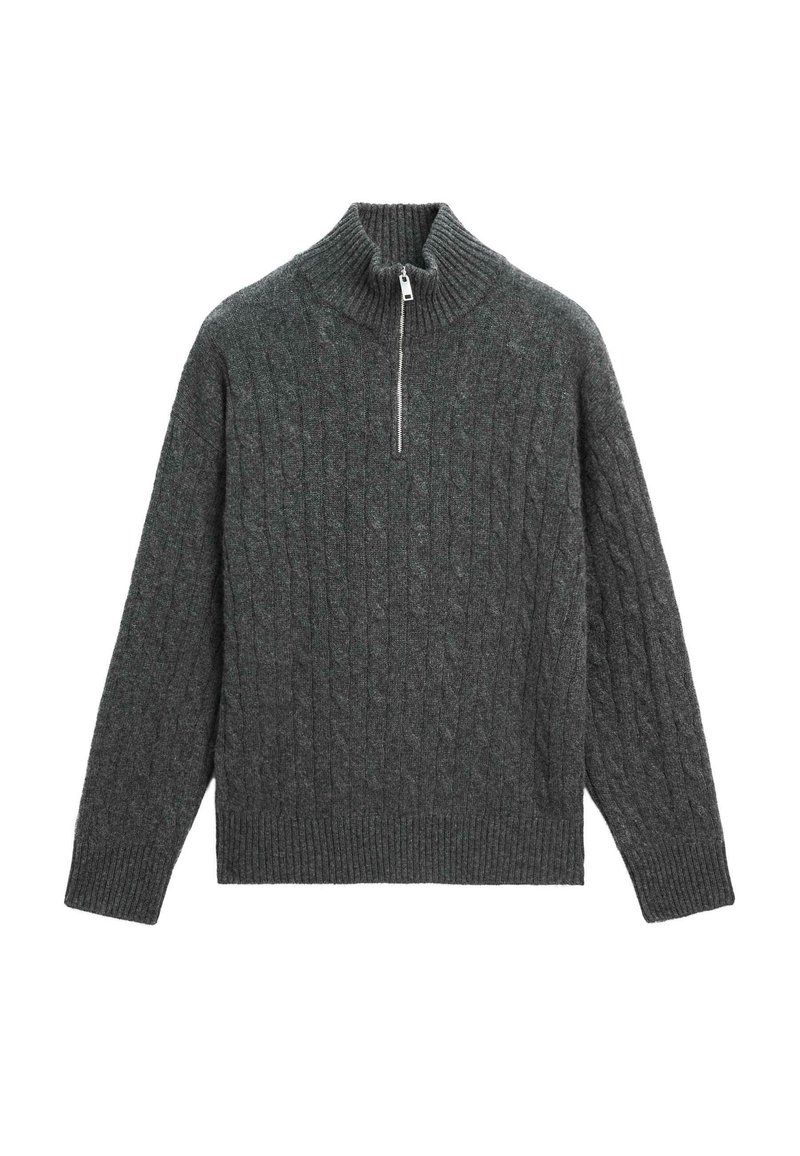 Maglione grigio scuro a coste con colletto alto, con una zip a metà lunghezza e un motivo di maglia testurizzato. Realizzato in un materiale morbido.