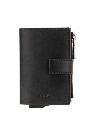 Black leather wallet with a textured finish, featuring a zippered pocket and a snap closure. Accented with a logo on the front.
