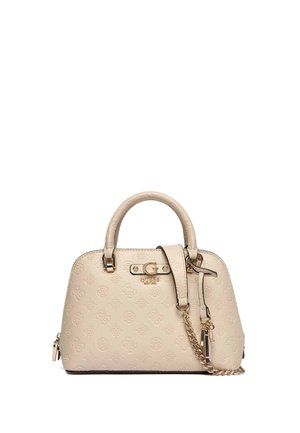 Borsa beige Guess con motivo logo in rilievo, doppi manici superiori, tracolla a catena color oro e dettaglio logo metallico frontale.