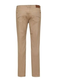 Beige, straight-leg pants made of textured fabric. Features include two back pockets, a brown leather patch on the waistband, and visible stitching.