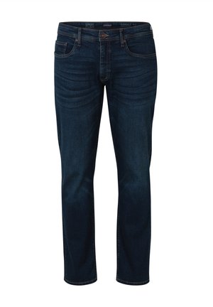 Dunkelblaue gerade geschnittene Jeans aus Denim mit vorderem Knopf, Reißverschluss und Fünf-Taschen-Design, auf einem weißen Hintergrund gezeigt.