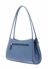 Sac d'épaule synthétique bleu avec une texture lisse, une forme courbée et une poche extérieure zippée. Comprend deux longues bandouli ères pour le transport.