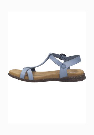 Sandale plate bleu clair avec design à bride en T, bride de cheville réglable, semelle intérieure rembourrée couleur beige et semelle extérieure texturée foncée.
