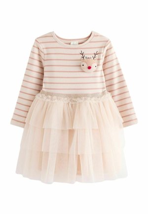 Robe pour tout-petit avec des rayures roses et blanches, manches longues, jupe en tulle à couches, et un petit visage de renne avec des bois sur la poitrine.