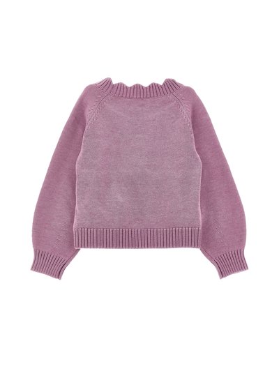Maglione lavorato a maglia di un viola chiaro con scollo tondo a zigzag, polsini e orlo a costine. Presenta una texture morbida e una vestibilità ampia.