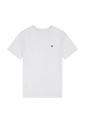 White cotton t-shirt with a crew neck, short sleeves, and a small gray logo on the left chest. Soft texture with a plain design.
