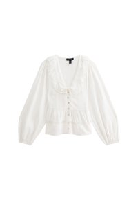 Witte blouse met lange mouwen, een gerimpelde V-hals, knoopsluiting aan de voorkant, peplum taille en losse, gatherde boorden.