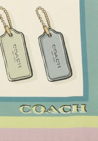 To nøgleringe i lys grøn og blå med guld accenter, der har teksten "COACH NEW YORK", sat mod en pastel baggrund med et kantet design.