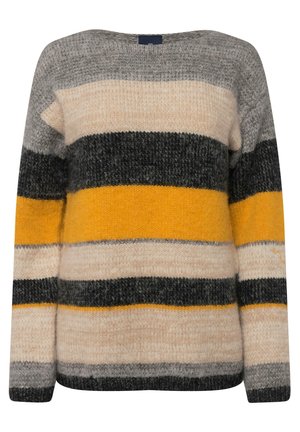 Pull rayé présentant des nuances de gris, beige, noir et jaune. Texture en maille avec un col rond et des manches longues.
