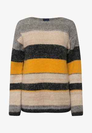 Gestreepte trui in grijstinten, beige, zwart en geel. Gebreide textuur met een ronde halslijn en lange mouwen.