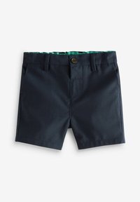 Granatowe szorty z textured tkaniny, z zapięciem na guzik, szlufkami na pasek oraz zielonym wzorzystym podszewką widoczną przy pasie.