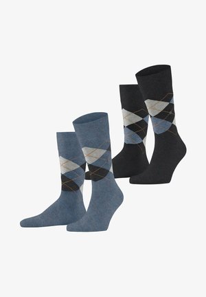 Two pairs of socks: one in blue with an argyle pattern in gray and black; the other solid black with a lighter argyle design.