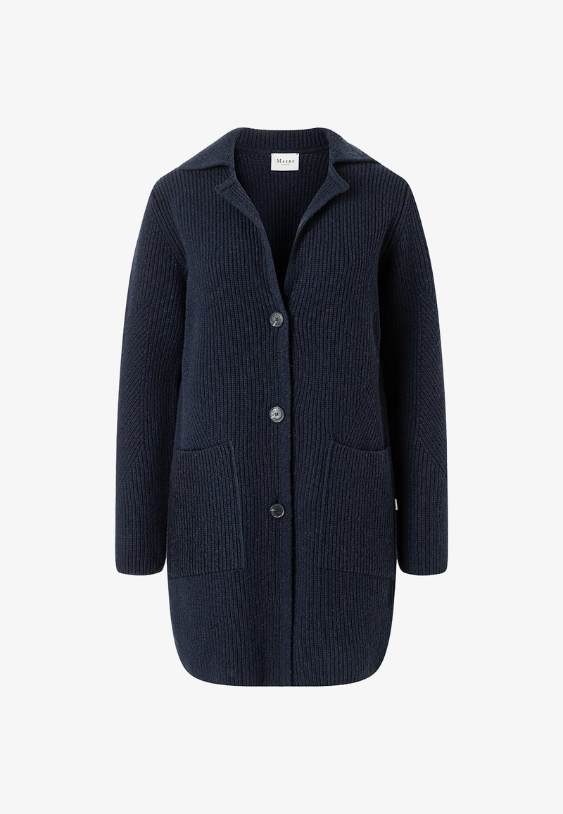 Marineblauer, gerippter langer Cardigan mit Kragen, drei Knöpfen und zwei Vorder- taschen.