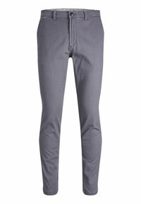 Šedé bavlněné kalhoty se slim fit střihem, zapínáním na knoflík a tradičními kapsami. Hladká textura s čistým, moderním designem.