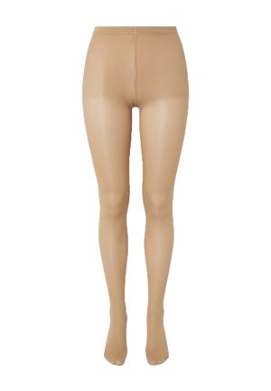 Collants beiges transparents présentés sur des jambes de mannequin, avec une taille haute et une finition lisse et sans coutures.
