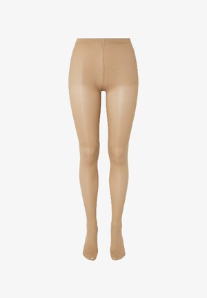 Collants beiges transparents présentés sur des jambes de mannequin, avec une taille haute et une finition lisse et sans coutures.