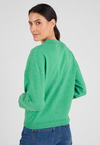 Groene trui van zacht breiwerk, met een ronde halslijn, lange mouwen, en een geribbelde zoom en boorden. Soepele textuur, effen kleur.