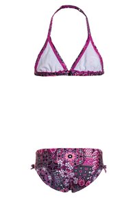 Bikini komplektas, susidedantis iš trikampio tipo liemenėlės ir atitinkančių kelnaičių. Spalvos apima rožinę, violetinę ir juodą, su sudėtingais geometriniais raštais.