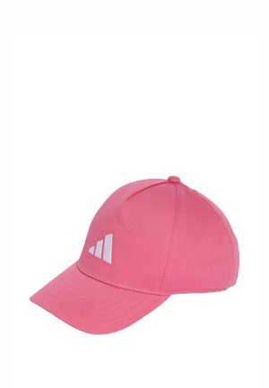 Cappellino da baseball rosa in twill di cotone. Presenta una visiera curva, cinturino regolabile e un logo bianco prominente sul pannello frontale.
