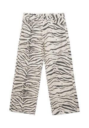 Biele nohavice s širokými nohavicami so vzorom zebrových prúžkov v čiernej a sivej farbe, s prednými vreckami, zapínaním na gombíky a zips.