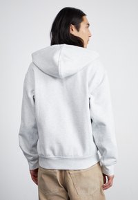 Sweat à capuche gris clair en tissu mélangé de coton, avec une poche kangourou, des poignets côtelés et une coupe décontractée. Vue de dos présentée.