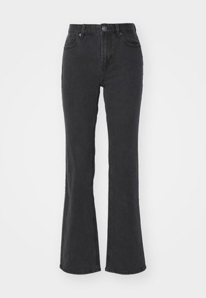 Schwarze, ausgestellte Jeans aus Denim, mit hoher Taille, fünf Taschen und einem Knopfverschluss. Der Stoff hat eine weiche Textur und minimale Ausbleichungen.