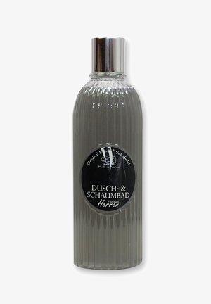 Durchsichtige Glasflasche mit geriffeltem Design, silbernem Deckel und einem schwarzen Etikett, das in weißem Text "Dusch- & Schaumbad Herren" liest.