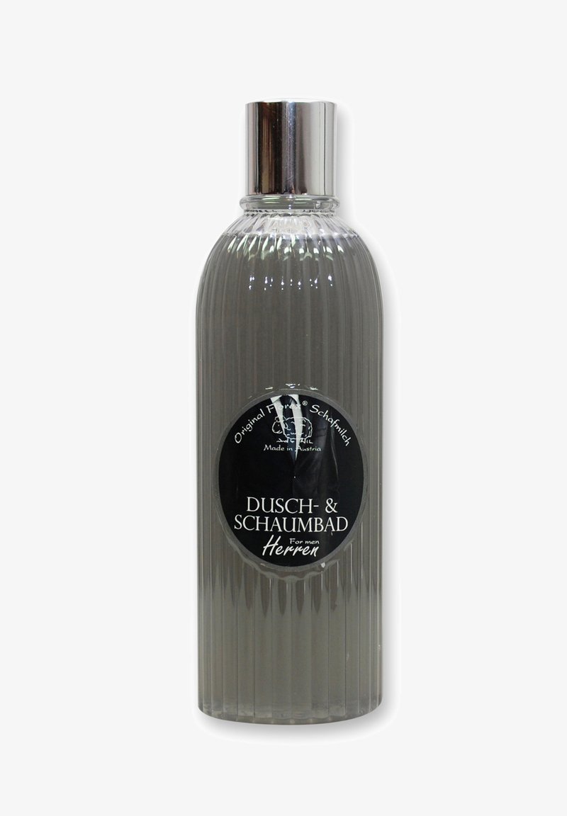 Clear glass bottle with a ribbed design, silver cap, and a black label reading "Dusch- & Schaumbad Herren" in white text.